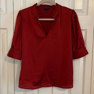 Ann Taylor Factory Burgundy Ruffle V-Neck Blouse